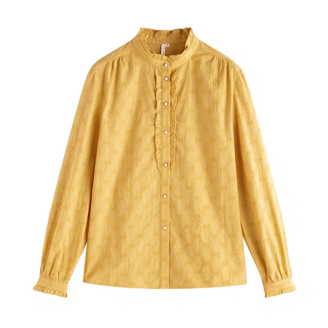 茵曼 田园复古文艺绣花荷叶边立领长袖衬衫 女款