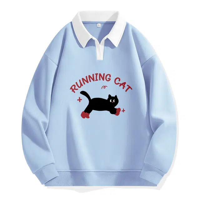 棉致 奔跑小黑猫卡通印花撞色宽松柔软舒适吸湿透气卫衣 男女同款