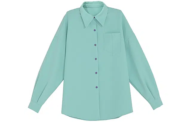 森女部落 纯色单排扣翻领长袖衬衫 女款 湖蓝色