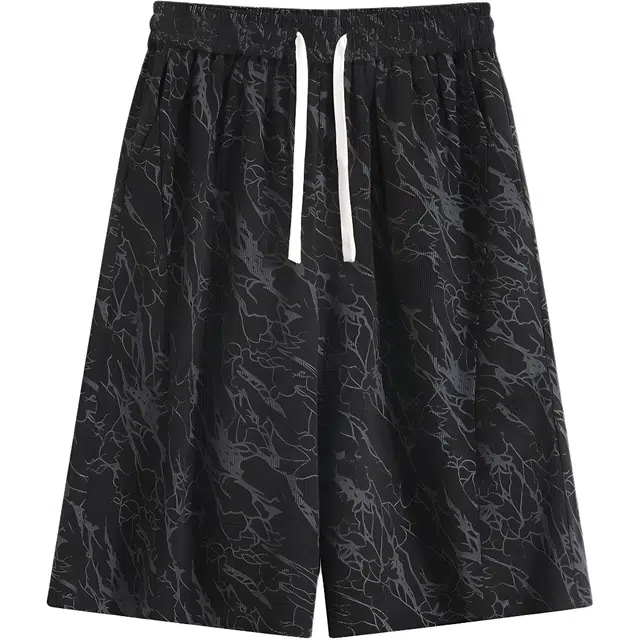 哲源 美式复古纯色褶皱满印设计冰丝垂感五分裤薄款凉感透气舒适亲肤日常通勤无性别潮流痞帅百搭宽松运动速干休闲短裤 男女同款