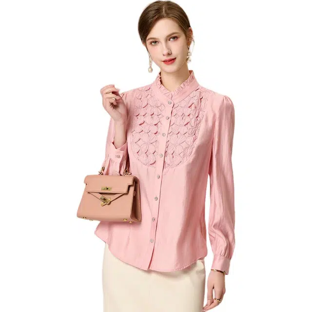 粉红玛琍 纯色立领薄款舒适休闲长袖衬衫 女款 粉色