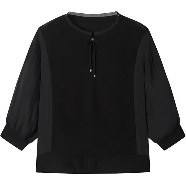 曲韩 圆领简约舒适拼接七分袖针织衫 女款 黑色