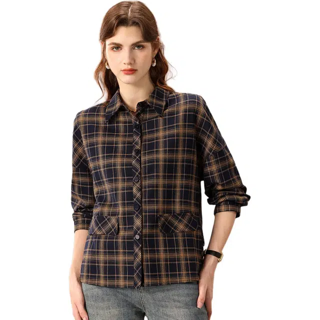 粉红玛琍 翻领宽松长袖衬衫 女款 黄格