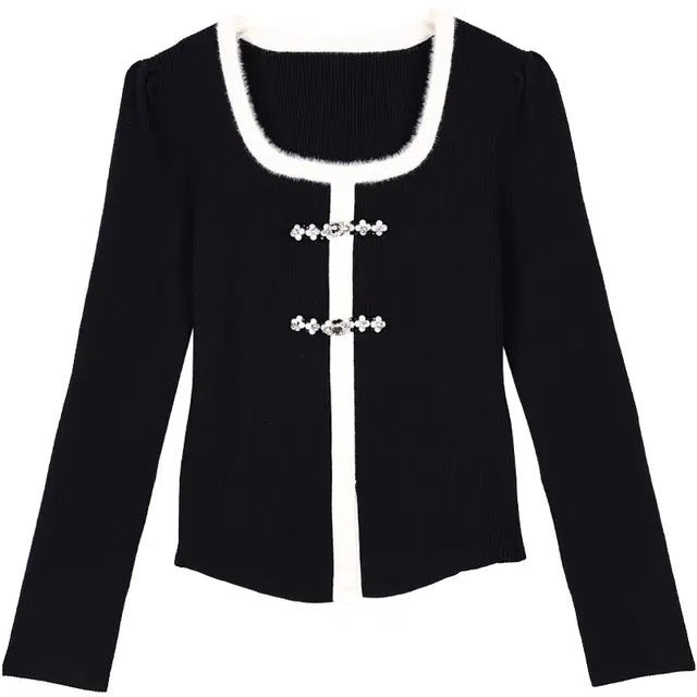 她池 优雅修身显瘦气质撞色针织衫 女 黑色