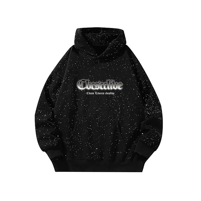 草本初色 宽松满天星哥特渐变字母印花连帽卫衣 男女同款 黑色