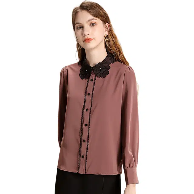 粉红玛琍 翻领简约舒适植物花卉长袖衬衫 女款 紫色