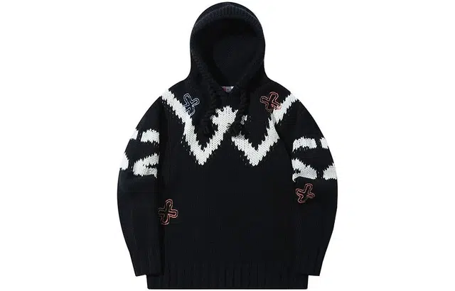 中国李宁 印花拼色连帽长袖针织衫 女款 黑色