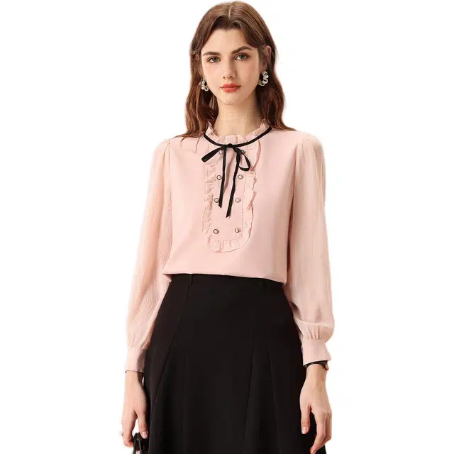 粉红玛琍 拼色圆领合身长袖衬衫 女款 樱花粉