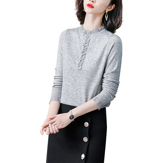 丝柏舍 纯色网纱拼接木耳边长袖套头针织衫 女款