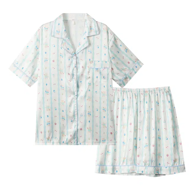 夏芬妍 可爱舒适卡通条纹小熊冰丝翻领家居服亲肤休闲短袖短裤时尚可外穿睡衣套装 女款 蓝色