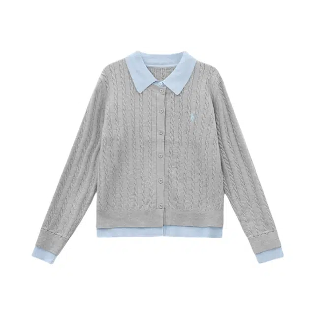 柏黛妃 小香风假两件麻花小个子针织衫 女款 灰蓝
