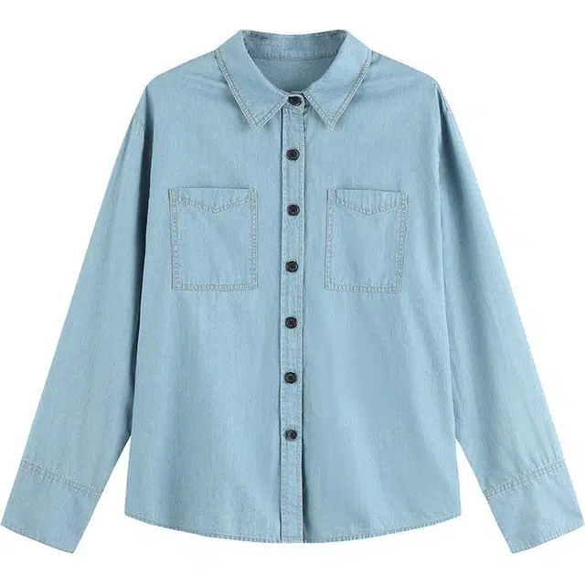【dme】 翻领纯色多口袋长袖衬衫 女款 浅牛仔蓝