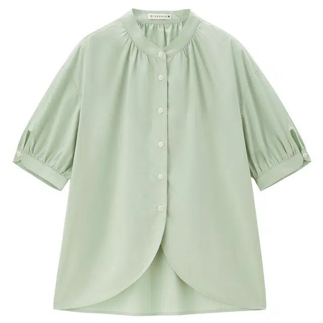 佐丹奴 纯色立领弧形下摆宽松短袖衬衫 女款 薄荷绿