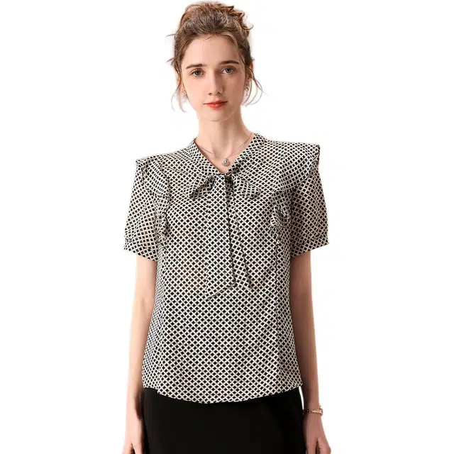 粉红玛琍 宽松薄款格子短袖衬衫 女款 黑白格