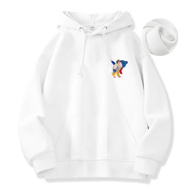 棉致 港风可爱卡通手绘小女孩秋冬宽松加绒连帽重磅纯色情侣款百搭潮牌休闲上衣卫衣 男女同款