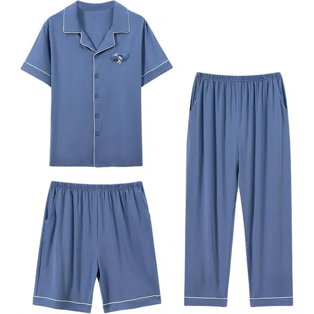 潞优野 开衫休闲舒适家居服睡衣套装 男款 蔚海蓝