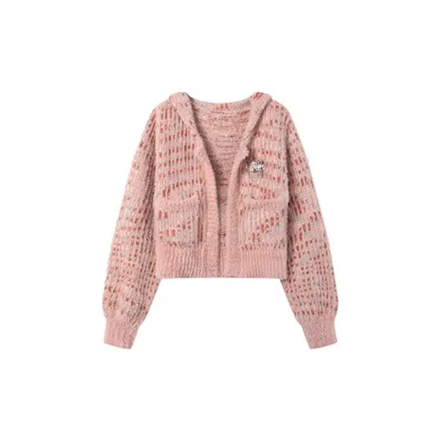 花栗鼠小姐 芝芝桃桃 韩系小众慵懒甜美设计感连帽宽松短款遮肉长袖开衫针织衫 女款 粉色