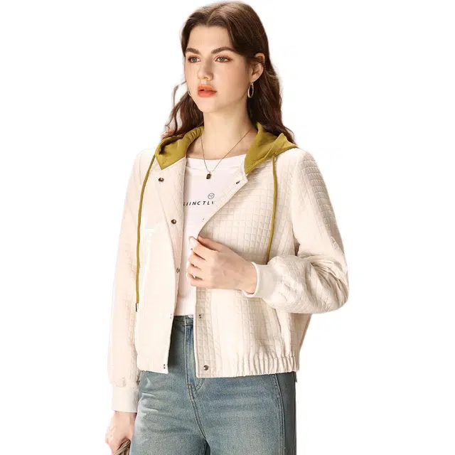 粉红玛琍 连帽舒适长袖夹克外套 女款 米白