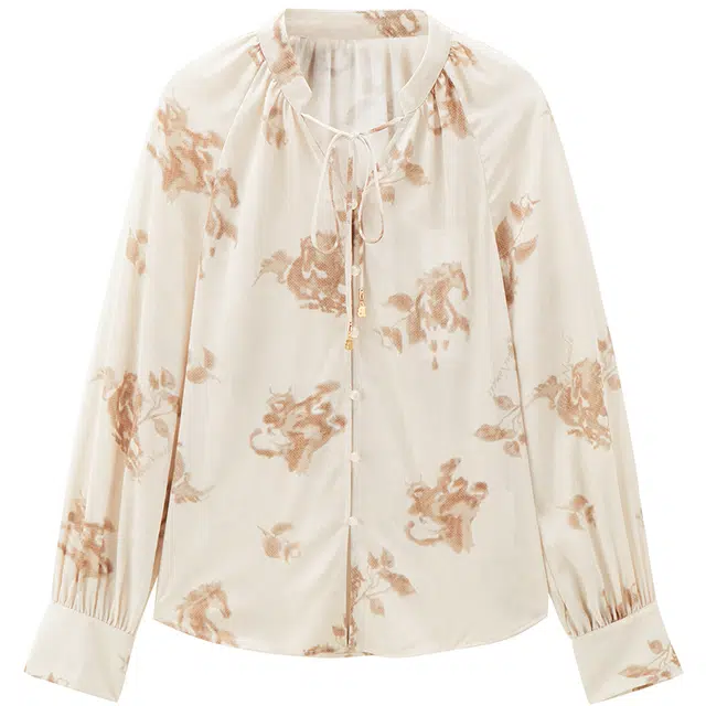 太平鸟 新中式立领花色单排扣简约舒适长袖衬衫 女款 棕色纹样