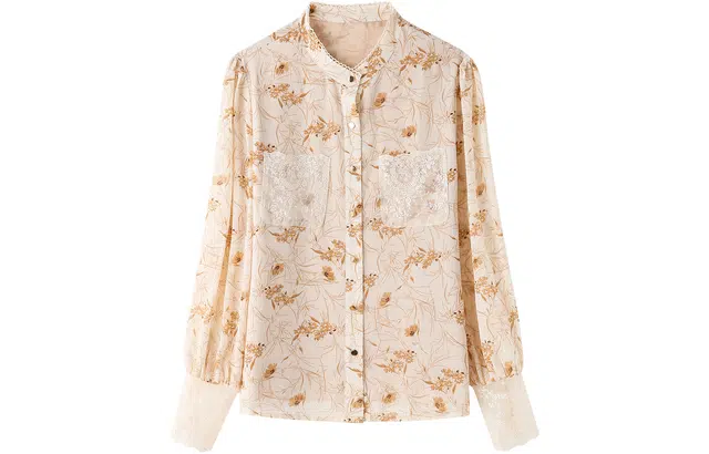 恒源祥 印花拼接花边立领长袖雪纺衫 女款