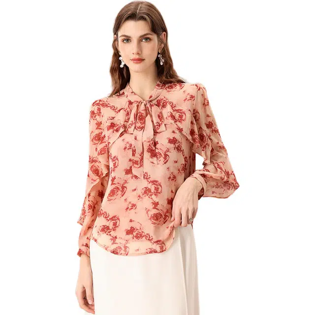 粉红玛琍 复古休闲舒适长袖衬衫 女款 红花