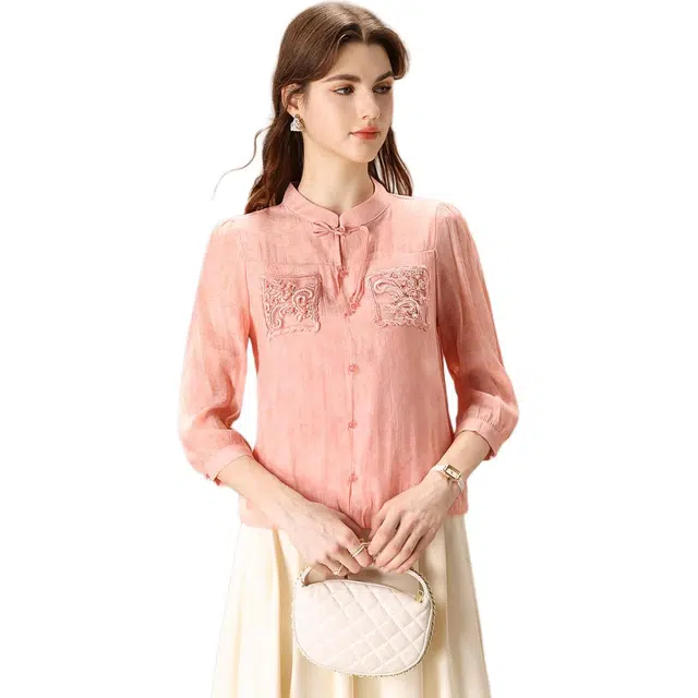 粉红玛琍 纯色立领薄款七分袖衬衫 女款 粉色