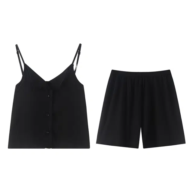 向薇 带胸垫纯色舒适无袖吊带上衣简约家居服三分裤睡衣套装 女款 图片色