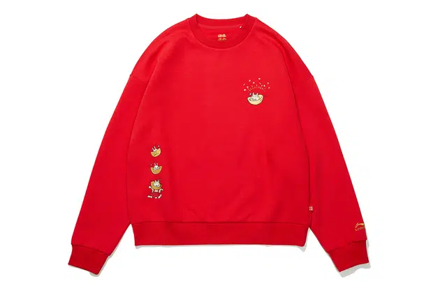 李宁 运动潮流系列 日进斗金系列新年款卡通图案印花宽松圆领长袖卫衣 女款 朱砂红 新年推荐