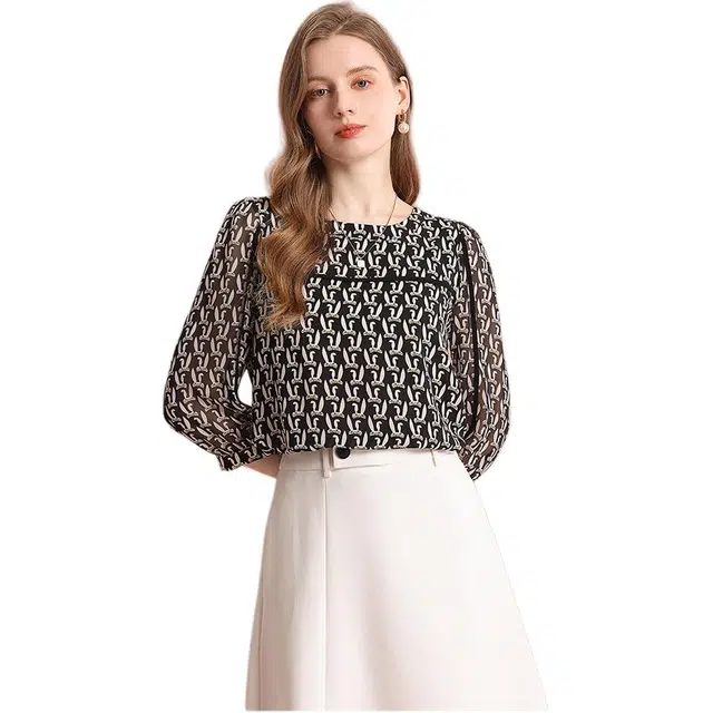 粉红玛琍 别致印花圆领九分袖衬衫 女款 黑底白花