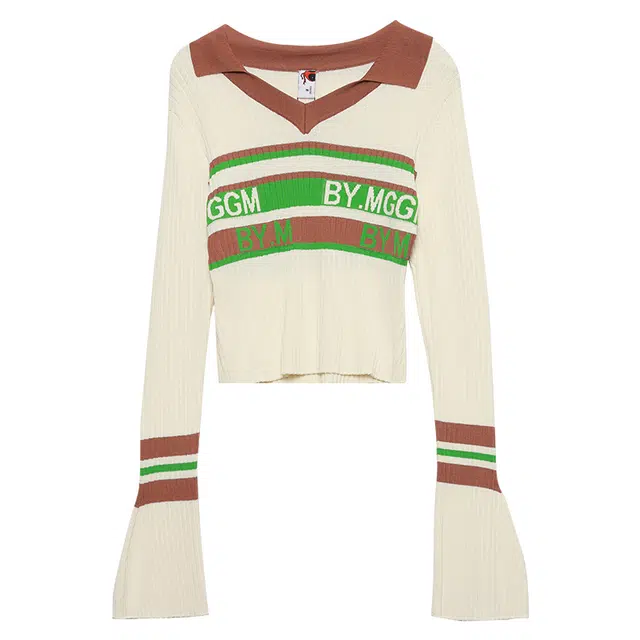 木果果木 修身短款翻领长袖针织衫 女 黄奶油