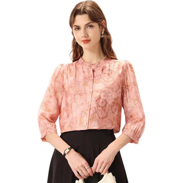 粉红玛琍 立领碎花简约长袖衬衫 女款 粉色