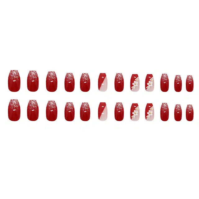 馨枕居 小花金珠细闪法式  穿戴甲 短梯红色跳色 爆闪