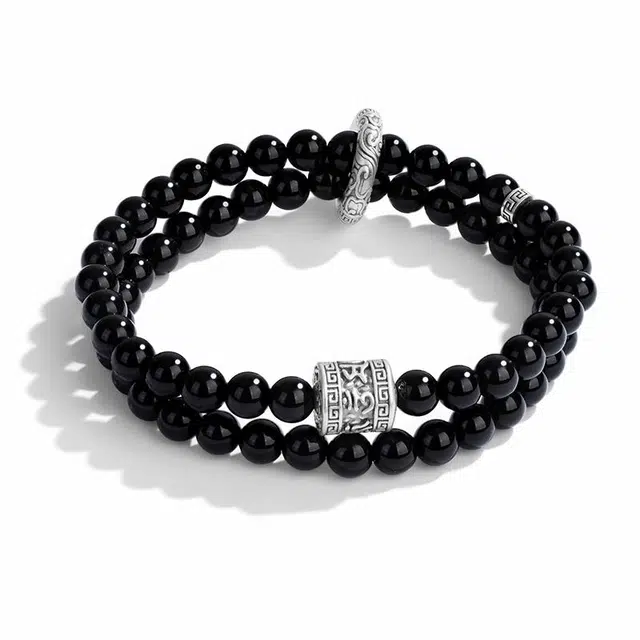 【999足银】 银千惠 心宁长乐 新中式国潮六字箴言双层弹力绳串珠 纯银精工转运珠能量石 可调节绕指柔盘玩把玩念珠 黑曜石 手串 男款