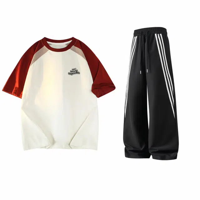 吾皇猫 美式复古基础款舒适透气简约百搭印花宽松直筒拼接短袖长裤两件装时尚休闲运动套装 男女同款