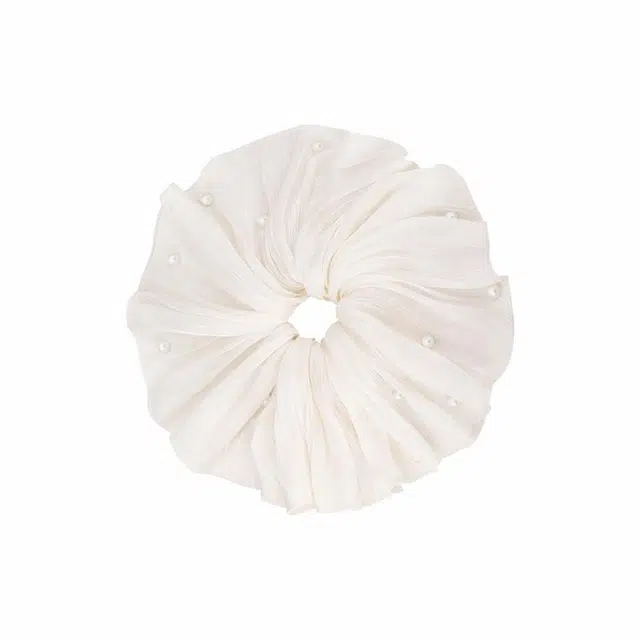 芒果饰品 流光褶皱珍珠裙摆大肠 布艺 发圈 女款