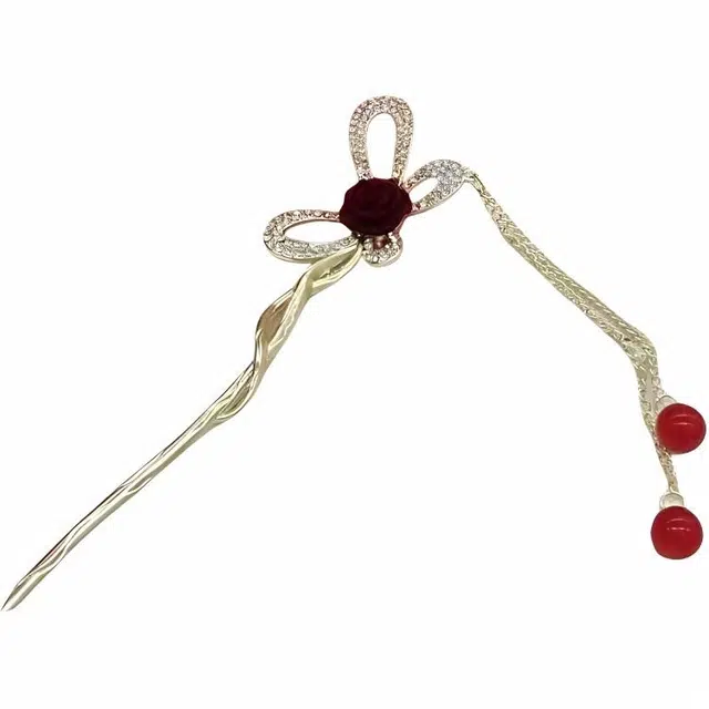 指尖瑰宝 玫瑰蝴蝶流苏步摇发饰 简约高级 将玫瑰藏于脑后 期盼与你奔赴 合金 发簪 女款