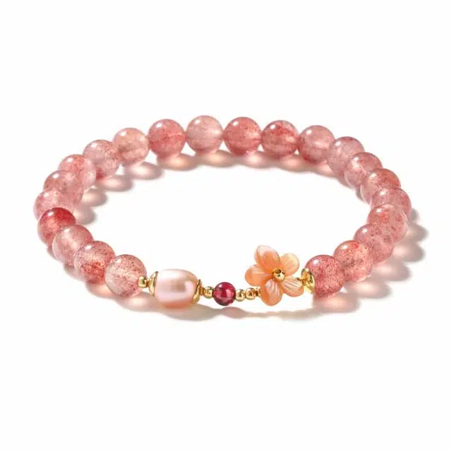 【匠心手作 满面桃花笑春风】 灵菲 春日灿烂星光璀璨新中式小众原创设计百搭手饰 少女感财运双收#好运石英岩质玉 草莓晶 手串 女款