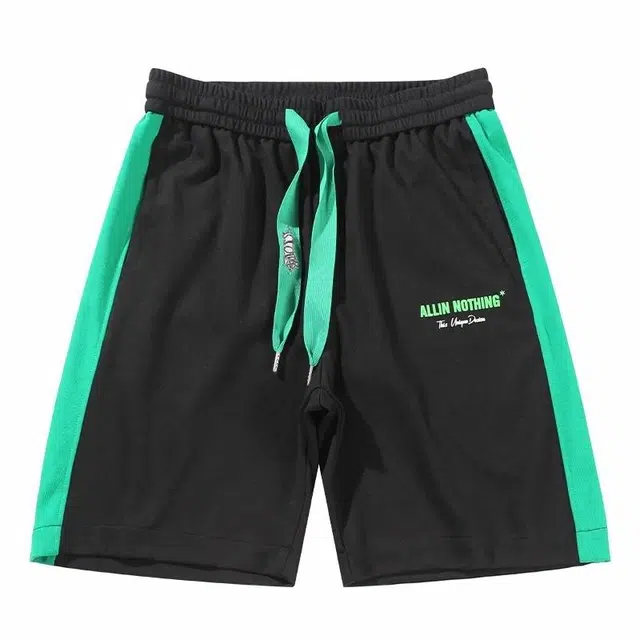 隐狼世家 纯色拼接拼色条纹时尚百搭舒适系带五分休闲短裤 男款 黑色