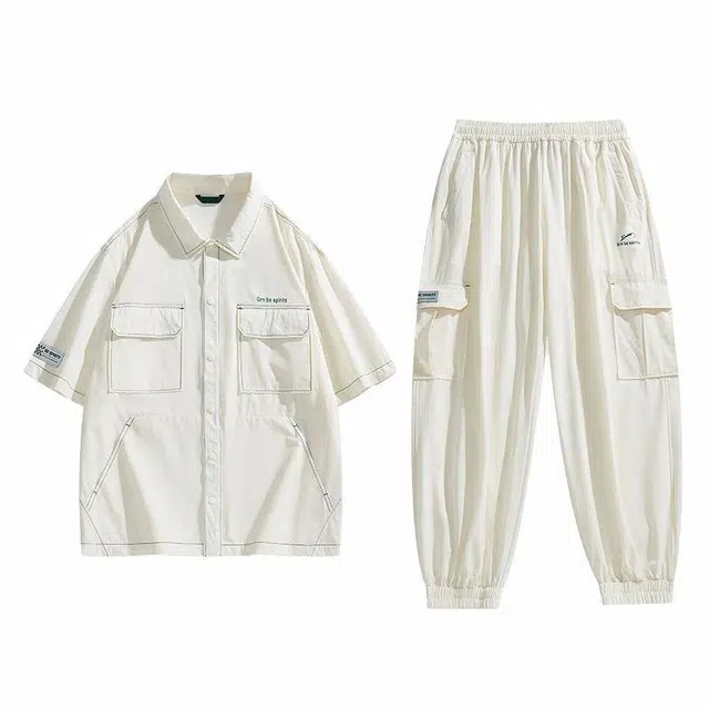 贵人鸟 运动系列 宽松百搭拼接防晒翻领短袖上衣休闲工装长裤衬衫套装 男女同款