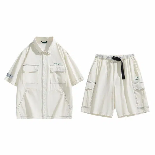 贵人鸟 运动系列 拼接翻领短袖上衣休闲工装短裤衬衫套装 男女同款