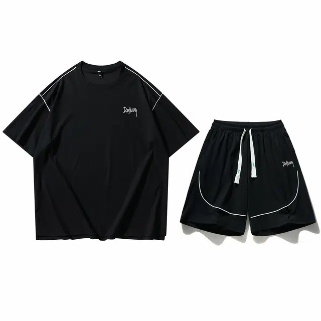 敦煌博物馆 美式复古纯色基础短袖搭配条纹拼接舒适百搭短裤休闲运动套装 男女同款