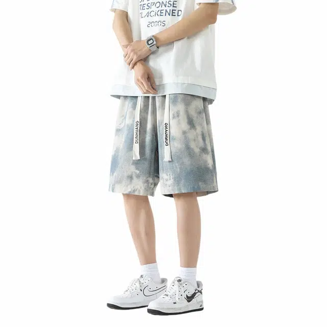 敦煌博物馆 美式复古简约系带扎染脏脏设计户外运动时尚百搭宽松五分休闲短裤 男女同款