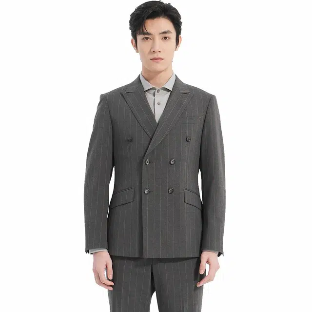 利郎 条纹戗驳领双排扣商务休闲西装套装 男款 灰咖间色