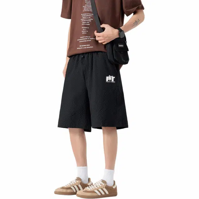 黑恐龙 潮牌复古泡泡格宽松百搭柔软透气垂感直筒五分休闲短裤 男女同款