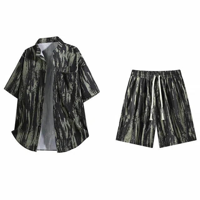 吾皇猫 美式高街泼墨扎染不规则条纹设计宽松直筒五分裤休闲舒适亲肤一整套穿搭衬衫套装 男女同款