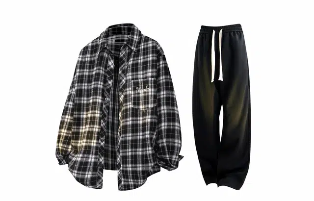 王者荣耀 梦奇款 美式复古翻领经典格子百搭宽松长袖纯色高级感弹力直筒休闲裤衬衫套装 男女同款