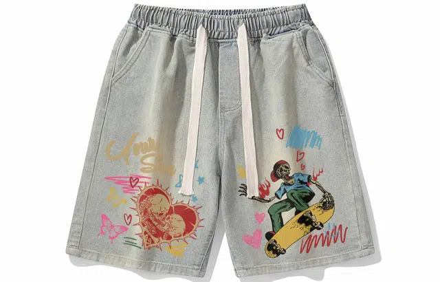 宜而爽 美式复古街头时尚卡通滑板少年涂鸦字母印花清新学院风水洗做旧宽松休闲百搭舒适透气系带五分牛仔短裤 男女同款