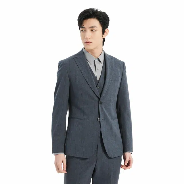利郎 商场同款戗驳领条纹含马甲商务休闲西装套装 男款