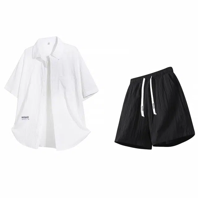 吾皇猫 简约纯色基础款高级感小众翻领单排扣宽松直筒五分裤休闲舒适亲肤一整套穿搭衬衫套装 男女同款