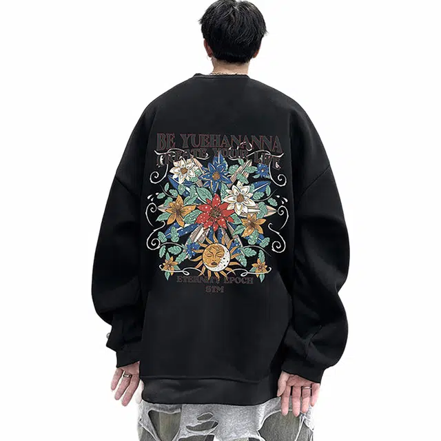 袋鼠 复古重磅国潮花卉字母设计高级百搭宽松圆领痞帅休闲长袖卫衣 男女同款